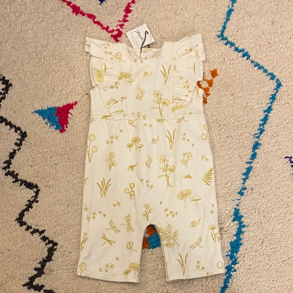 Pehr Organic cotton Ruffle Romper with golden nature print